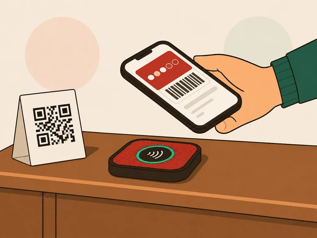Un client présente son téléphone au-dessus du lecteur posé sur le comptoir ; à côté, l’affichette à code QR.